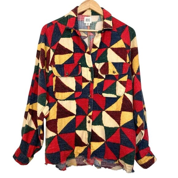 BDG by Urban Outfitters Brody Geometric Print Flannel Button Up Shirt Shacket - Picture 7 of 15
